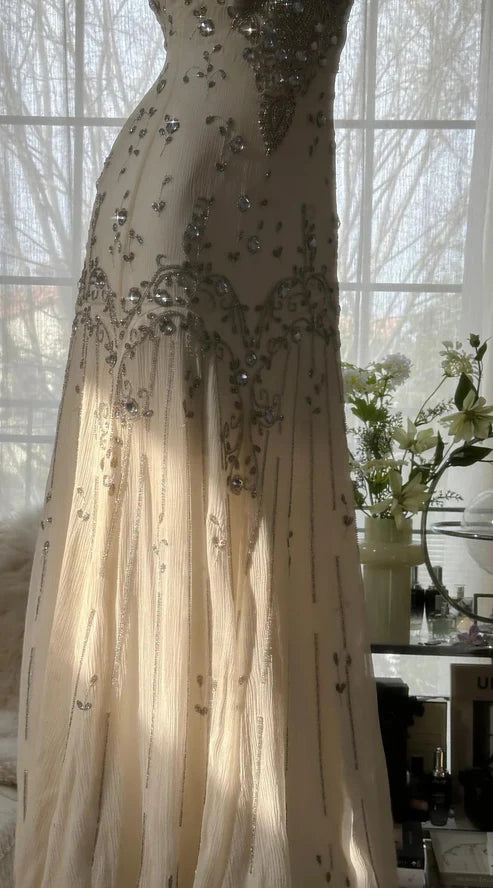 Elfenbeinweißes elegantes Spaghettiträger-Chiffon-Langkleid mit Perlenbesatz, Meerjungfrauenkleid, Ballkleid, Abendkleid, Partykleid, nv4228