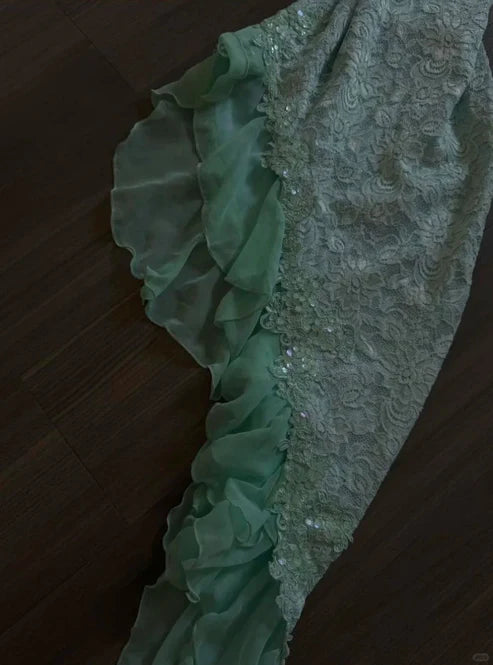 Mintgrün Süßes Spaghettiträger Kurzes Chiffon Homecoming Kleid Spitze Partykleid nv4270