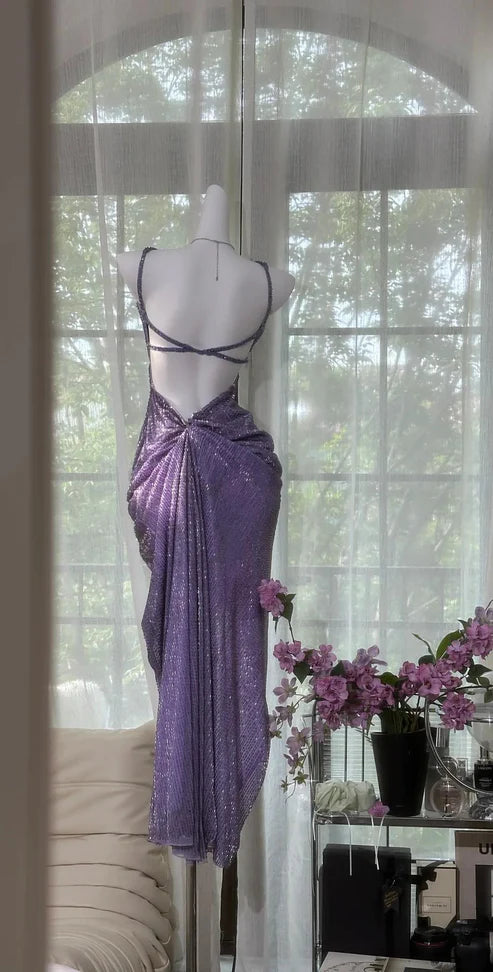 Lila Vintage Chiffon Perlen Bodycon Elegantes rückenfreies Schlitz Ballkleid Abendkleid Partykleid nv4262