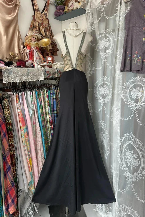 Black Evening Gown Sexy Long Backless Satin Ball Gown nv4301