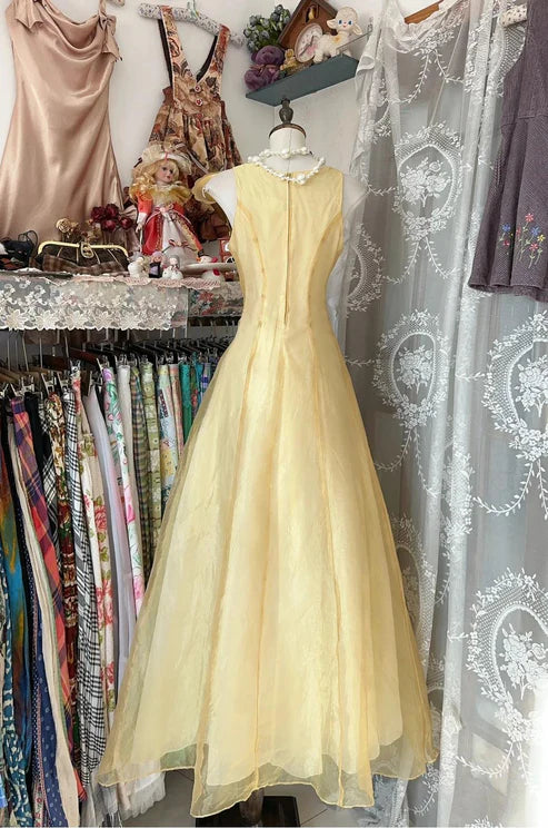 Yellow Evening Gown Round Neck A-Line Tulle Long Prom Gown Party Dress nv4297