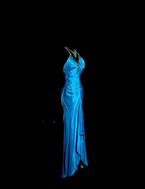 Blaues rückenfreies langes Satin-Ballkleid mit Perlenbesatz, Abendkleid, Abschlusskleid, nv4402
