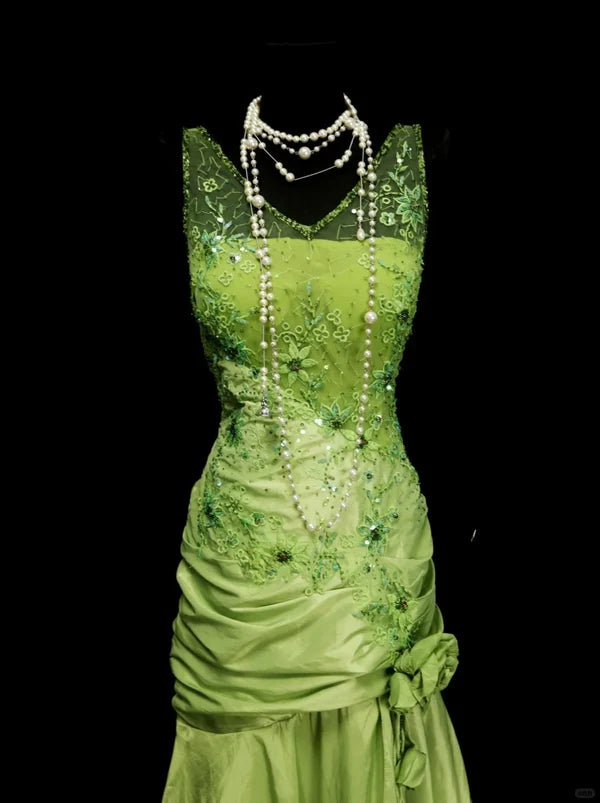 Green floral beaded backless long satin ball gown evening gown graduation dress nv4401