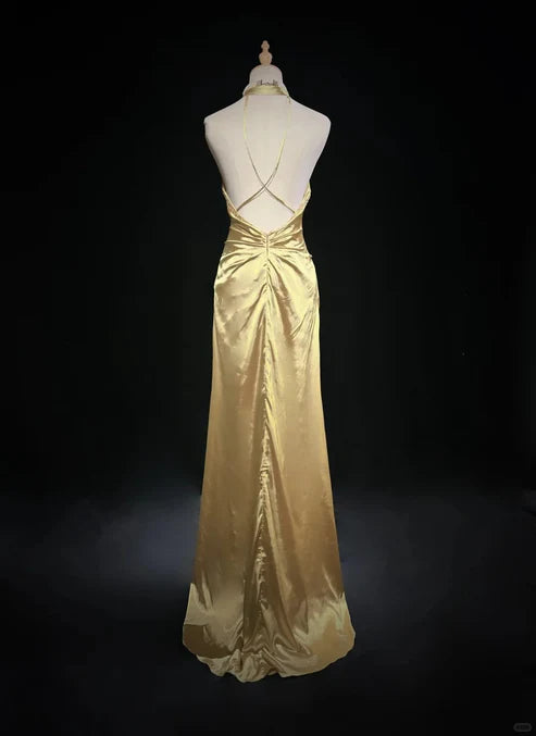Gelbes, perlenbesetztes langes Vintage-Satin-Ballkleid, Abendkleid, Abschlusskleid, nv4399