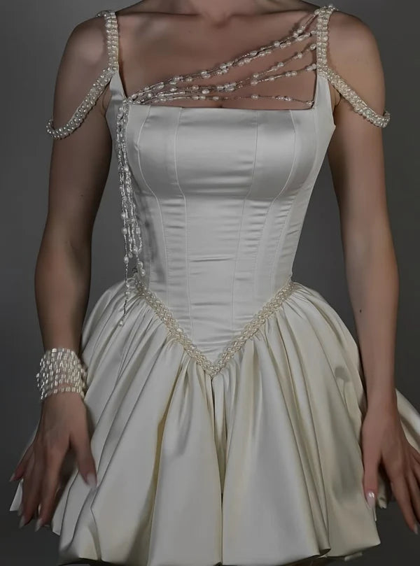 Weißes Perlen-Kurzkleid, modisch, elegant, für die Heimkehr, Geburtstagsparty, Ballkleid, NV4772