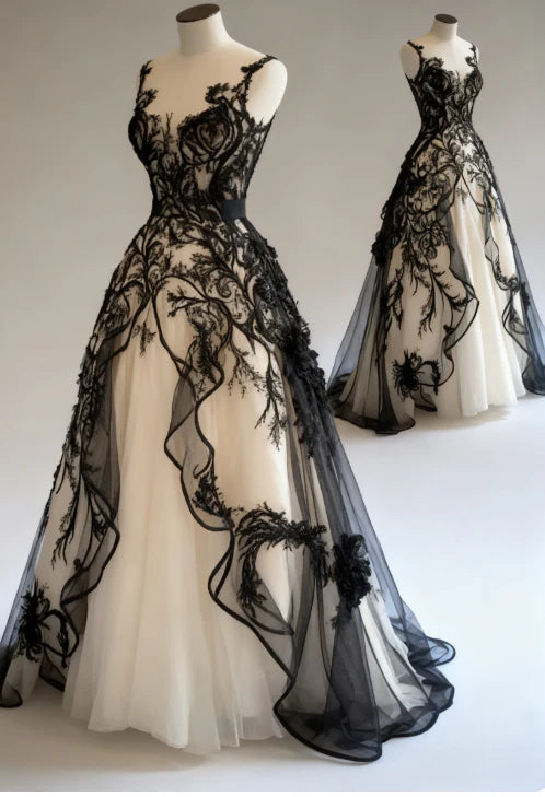 NiceVestidos-Schwarz-Weiß Paneel-Spitzen-Tüll Ärmelloses bodenlanges Gothic-Kleid NV6201