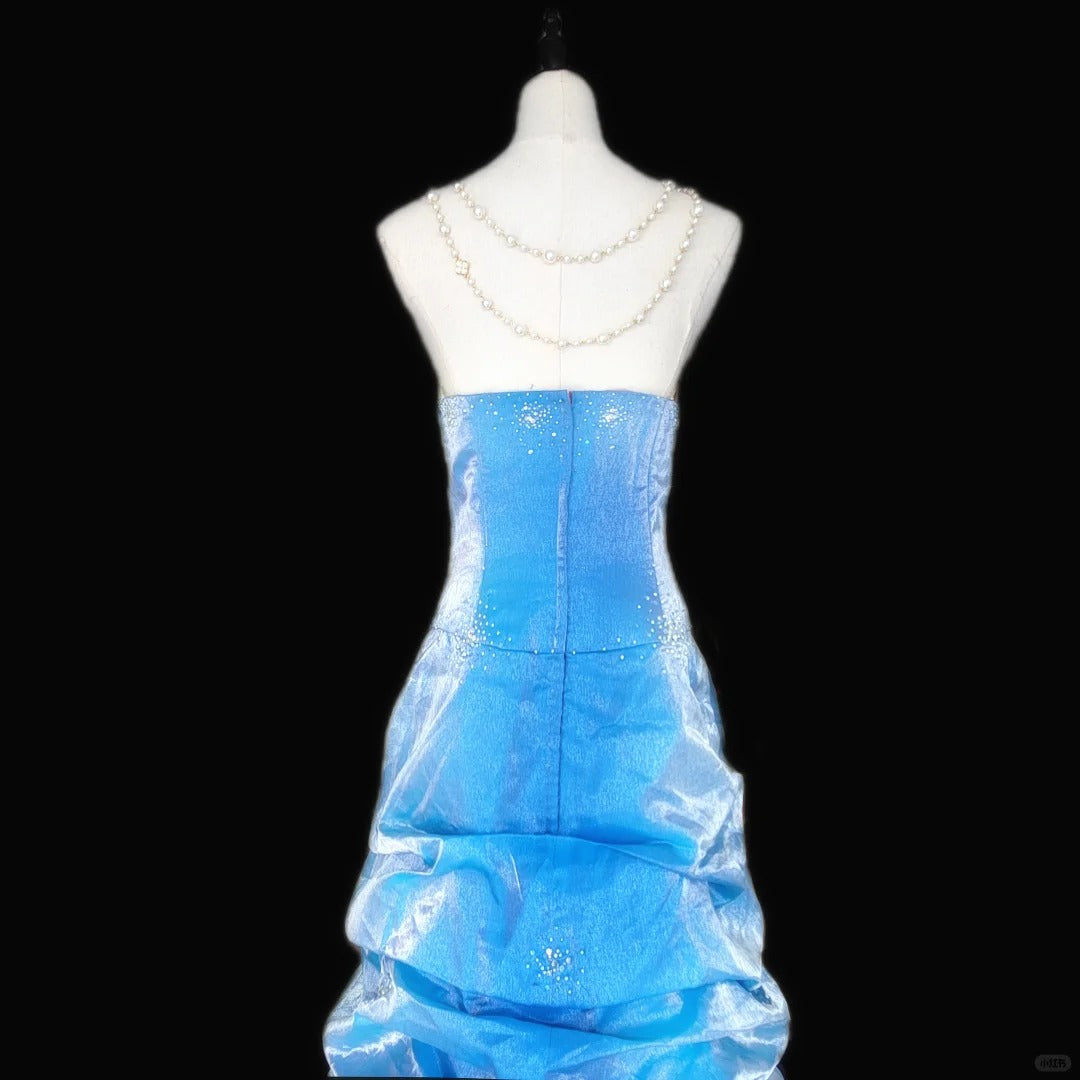 Blue Gorgeous Elegant Beautiful Exquisite Beaded Long Floor Length Satin Ball Gown Evening Dress Party Dress Prom Dress nv3983