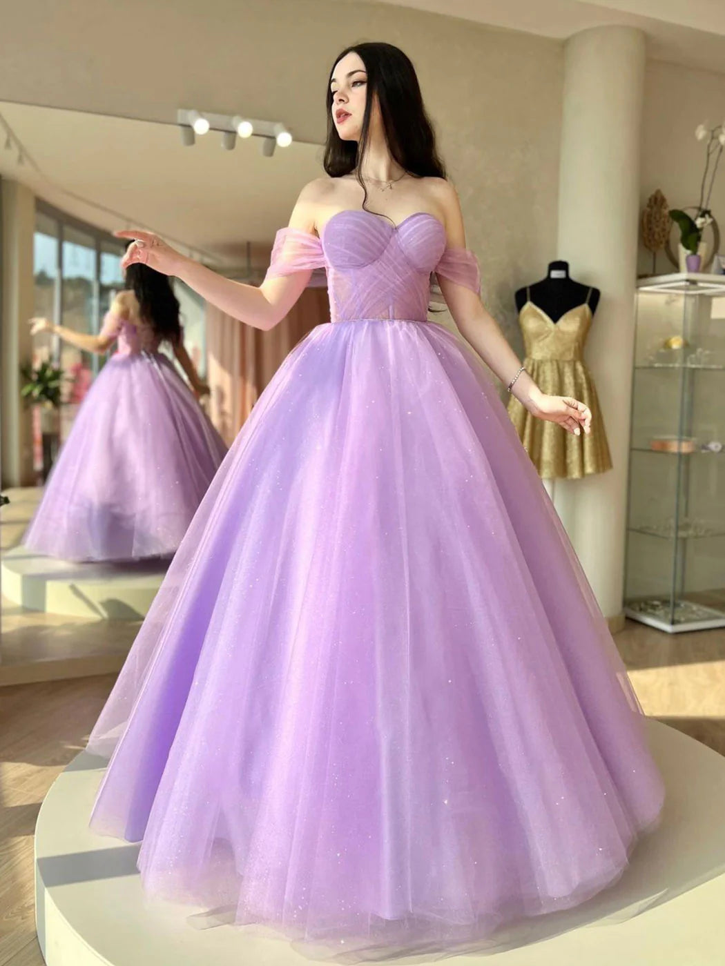 A-Linie Herzausschnitt Tüll Lila Langes Ballkleid, Lila Abendkleider nv1527
