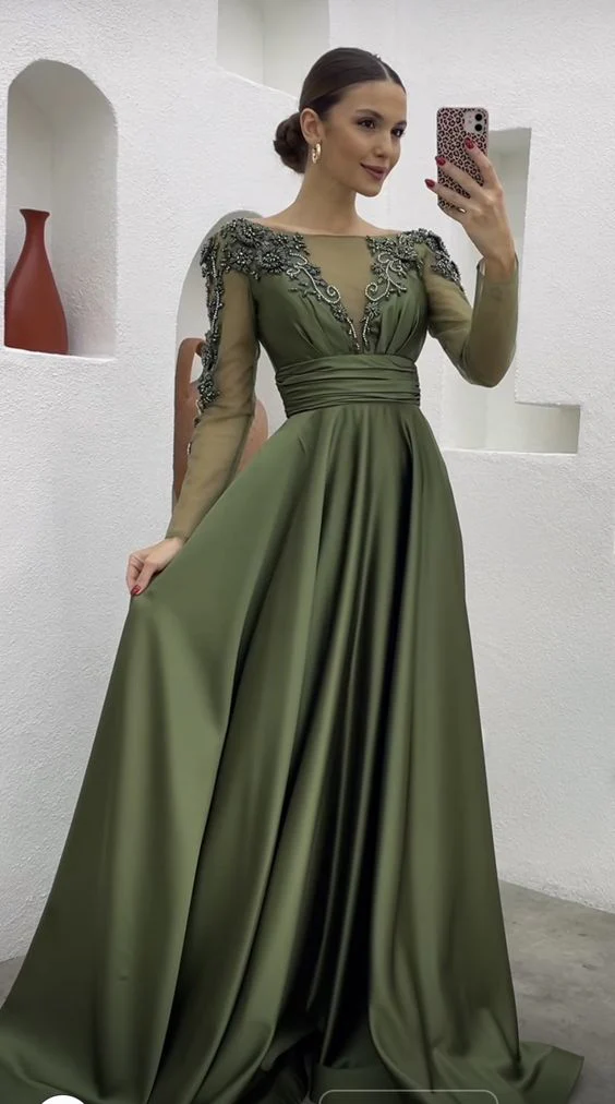 Grünes Vintage Elegantes Perlenbesetztes Langes Satin Langarm Tüll Ballkleid Abendkleid nv2977