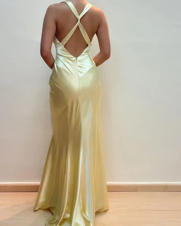 Hellgelbes V-Ausschnitt-Vintage-Meerjungfrauen-langes Partykleid, Ballkleid, Abendkleid nv1945