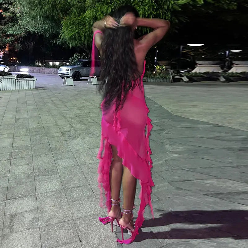 Rosa Mode Elegant Sexy Trägerlosen Ärmellosen Langen Chiffon Ballkleid Urlaub Geburtstag Party Kleid Abendkleid Prom Kleid nv3952