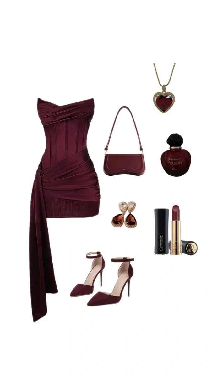 NiceVestidos - Kurzes Heimkehrkleid aus burgunderrotem Satin, Hoco-Kleid NV5485