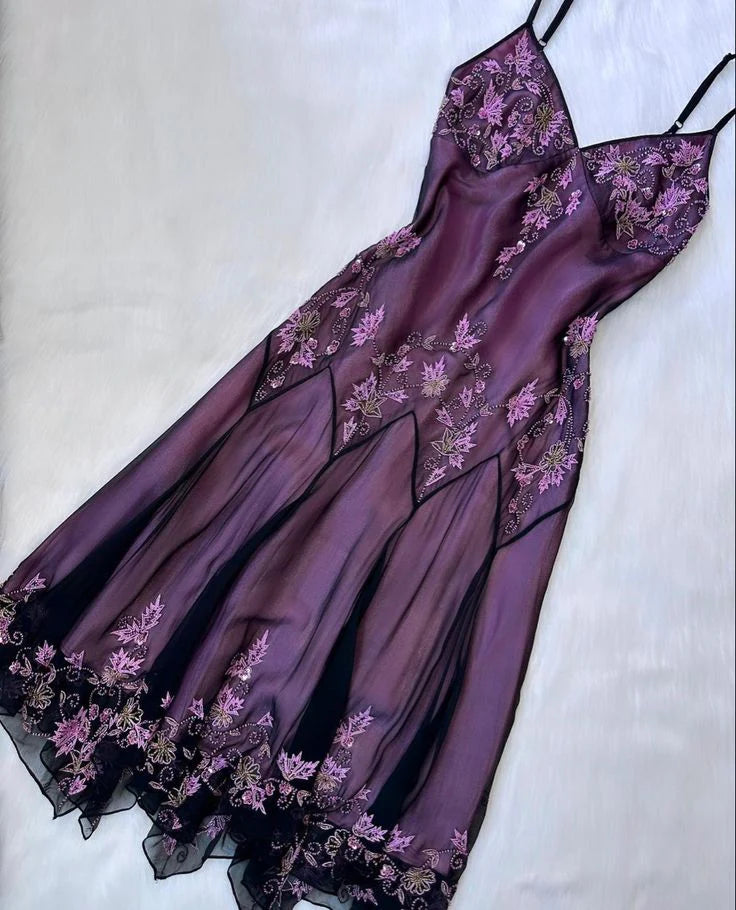Lila Vintage-Mode Elegante Exquisite Perlen Spaghetti Strap Lange Chiffon Ballkleid Abendkleid Partykleid nv3586