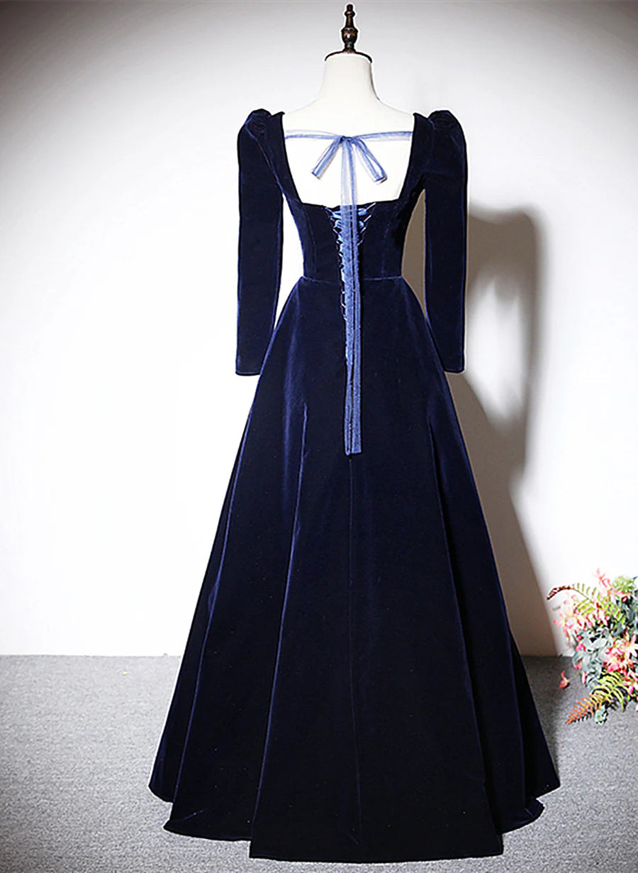 Robe de soirée longue en velours bleu marine à manches longues et perles nv3070