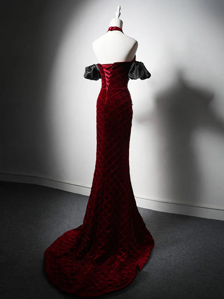 Burgunderrotes langes Ballkleid aus Samt mit herzförmigem Ausschnitt im Meerjungfrau-Stil, Burgunderrotes langes Abendkleid nv1868