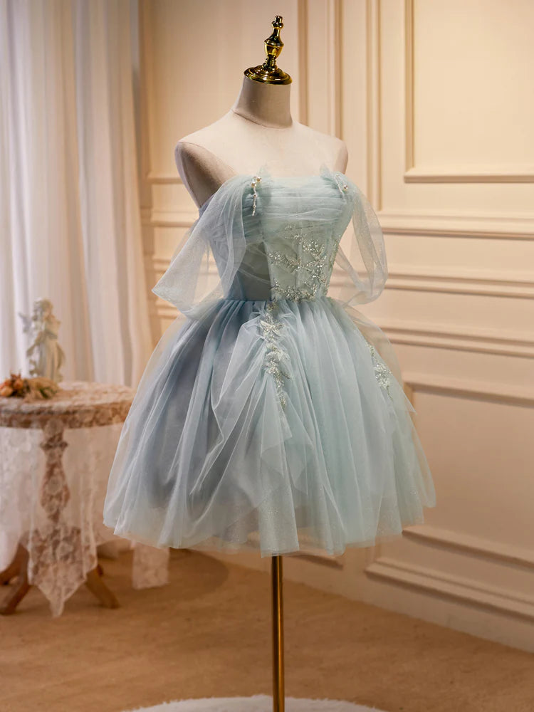 Grünes, kurzes Ballkleid aus Tüll mit Perlen, süßes, schulterfreies Homecoming-Kleid nv1587