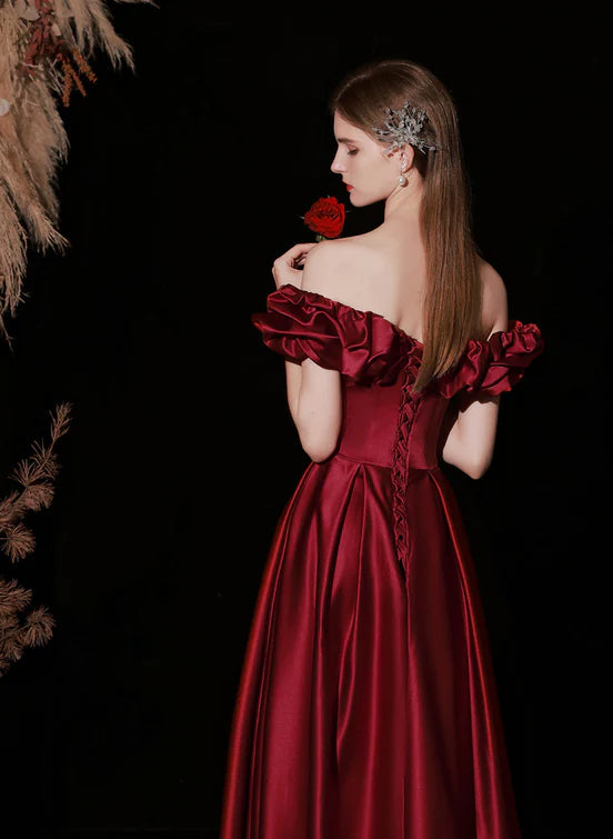 Burgunderrotes schulterfreies langes Abendkleid aus Satin, Ballkleid, Abendkleid NV2358