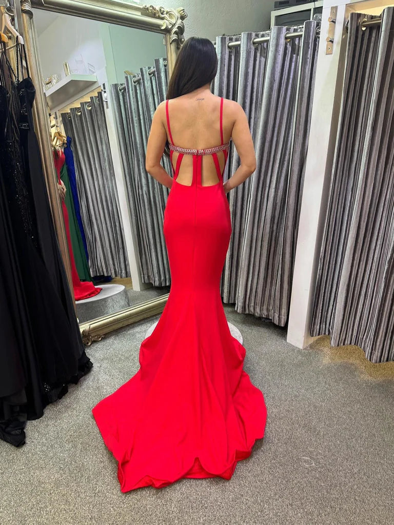 Offener Rücken, Meerjungfrau, langes rotes Ballkleid mit Schleppe, Meerjungfrau, rote Abendkleider, lange rote Abendkleider nv1502