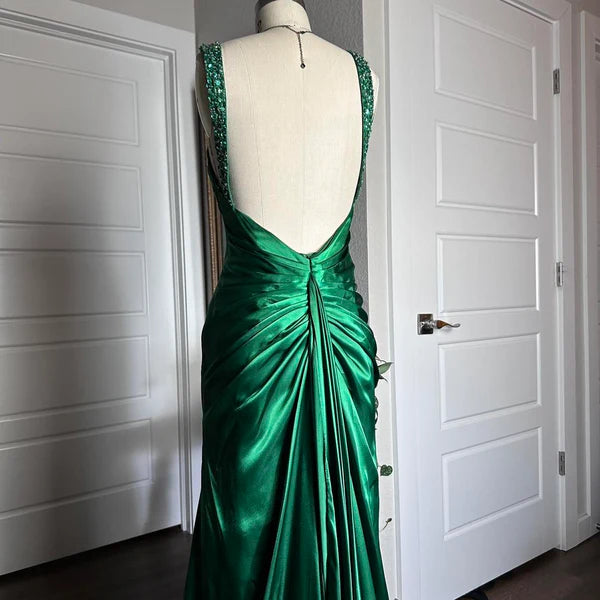 Grün Glänzend Vintage Mode Sexy V-ausschnitt Strass Bodycon Lange Satin Rückenfreies Formales Ballkleid Abendkleid Partykleid nv4418
