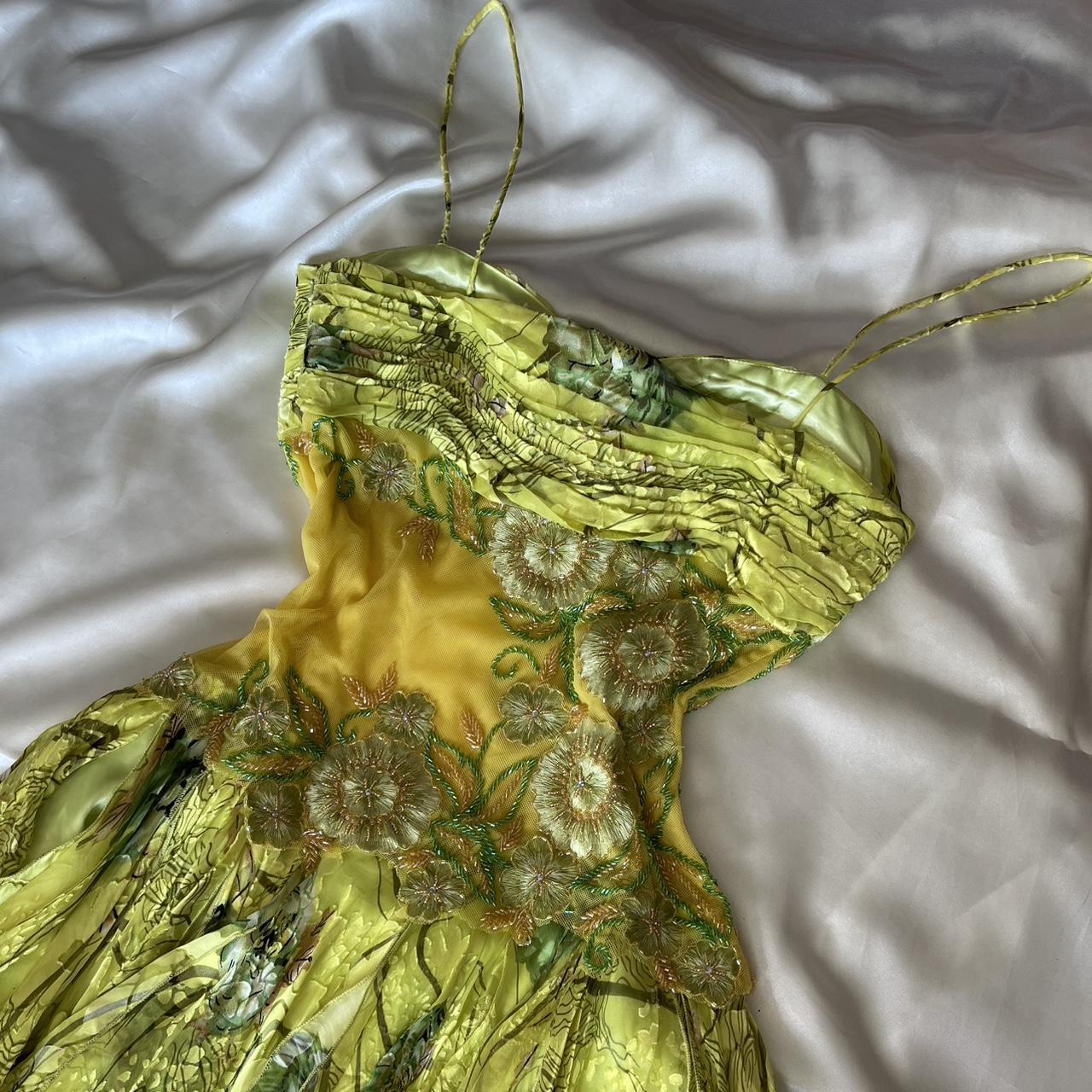 Robe de soirée courte jaune et verte, motif floral, perles, style féerique, en mousseline de soie, tenue de bal, nv5389