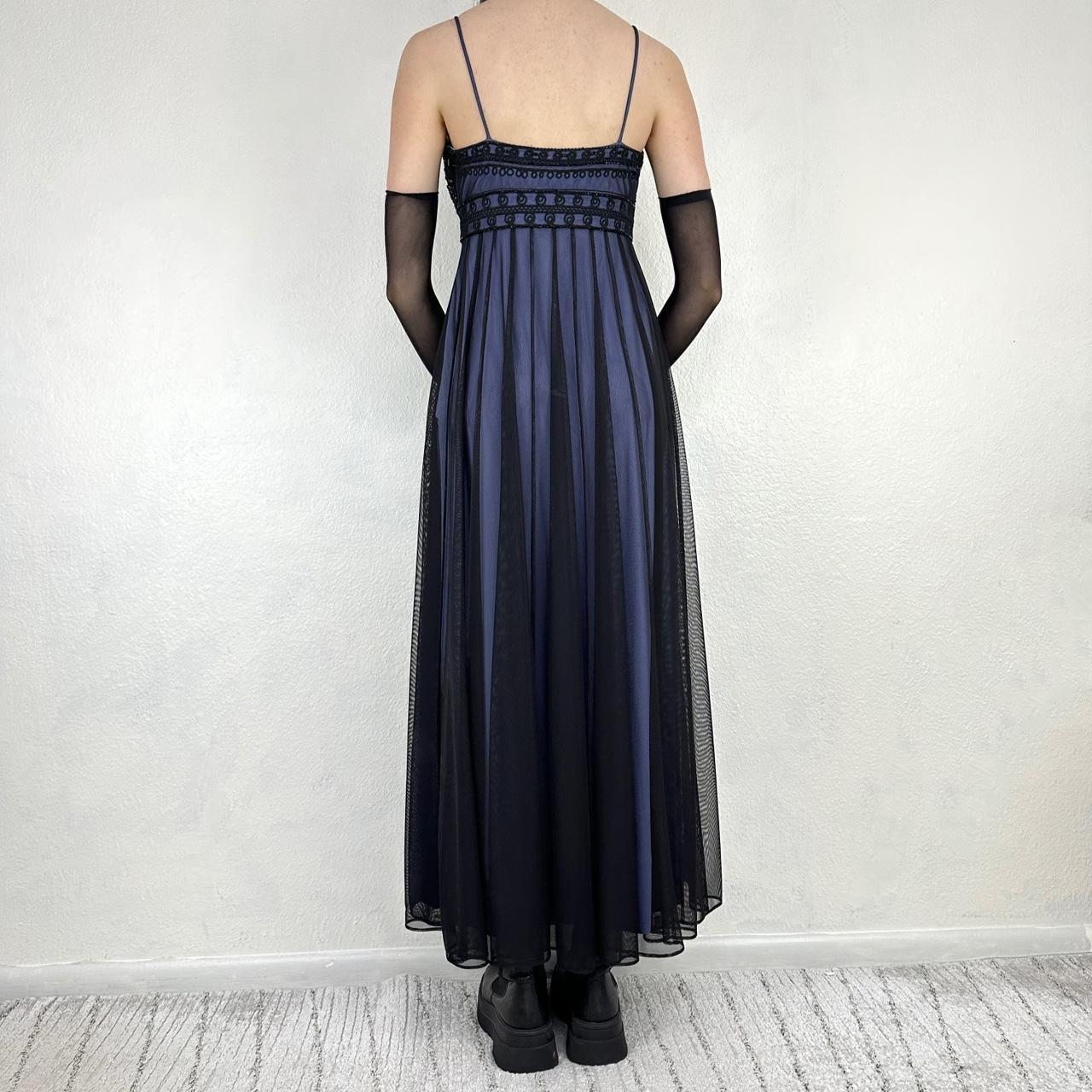 Vintage schwarz-blaues Gothic-Vampir-Perlenstickerei-langes Chiffon-Abendkleid Ballkleid Empire-Kleid NV5404