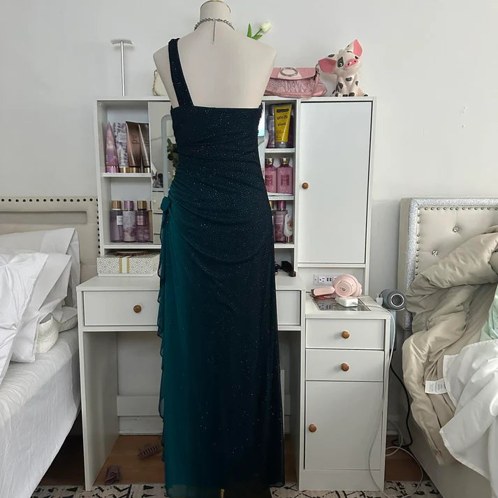 Türkisfarbenes, farbverlaufsfarbenes, retromodisches, funkelndes, atemberaubendes, fließendes One-Shoulder-Kleid mit elegantem, exquisitem Strass, langes Chiffon-Ballkleid, Abendkleid für Geburtstagsfeiern, Abschlussballkleid, Abschlusskleid, nv4251