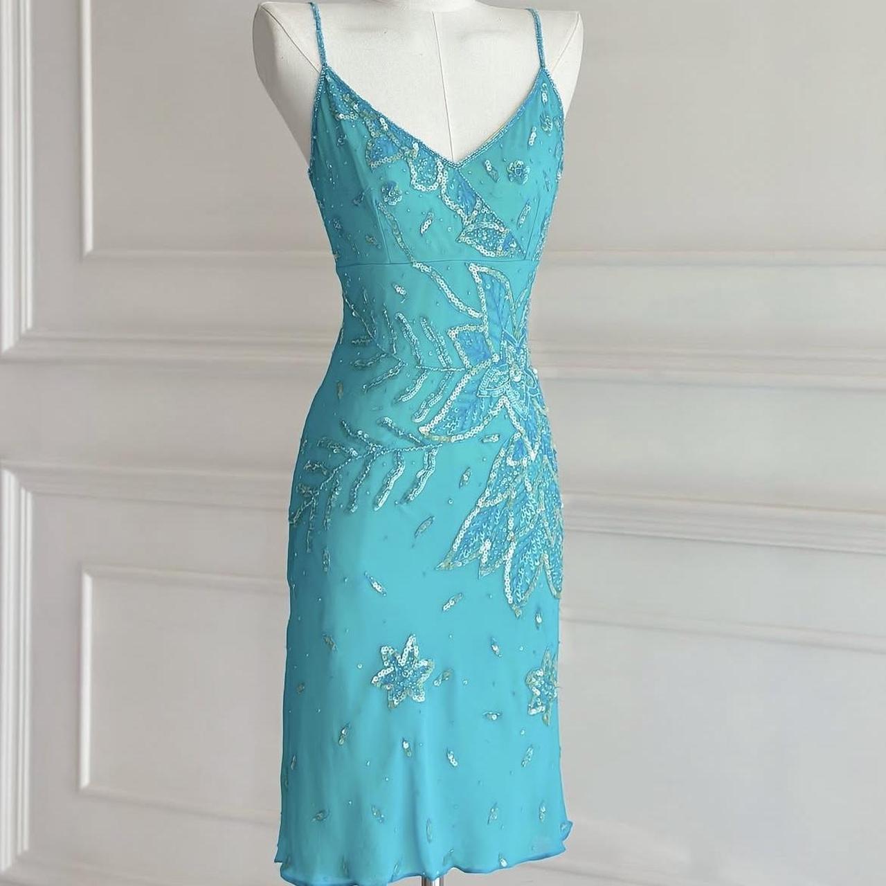 Türkises Homecoming-Kleid, Vintage, Y2K, Fee, Boho, Blumen, Perlen, Pailletten, Stickerei, Midi-Chiffon, Hosenträgerkleid, Abschlussballkleid, Abendkleid, Partykleid, NV4411