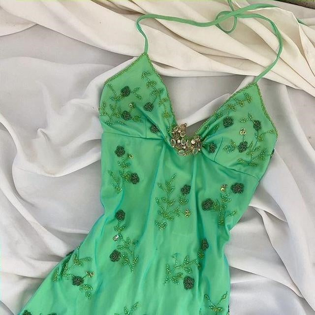 Robe sirène dos nu en mousseline de soie, élégante, longue, bleu-vert, style déesse du clair de lune, avec perles, pour anniversaire, bal, soirée, retour à la maison, nv4531