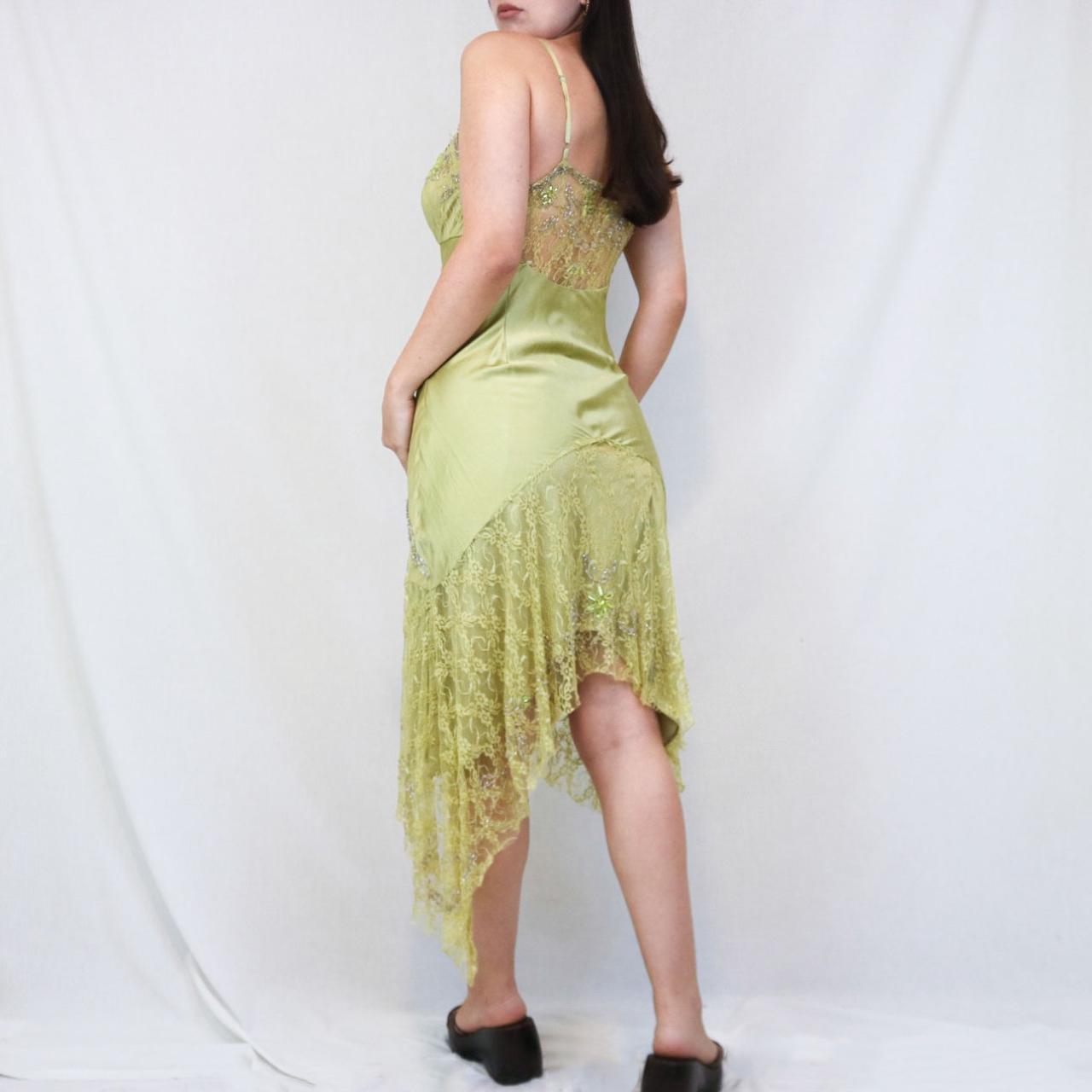 ✨💚Vintage Perlenbesetztes Chartreuse Fairy Langes Minikleid aus Spitze für formelle Heimkehr, Geburtstagspartykleid nv4990