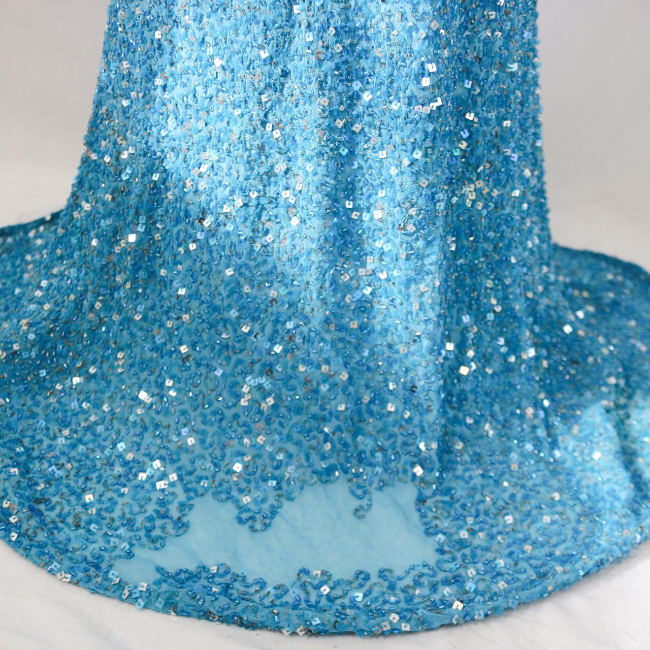 Robe de soirée longue vintage bleu aqua ornée de perles et de paillettes nv4986