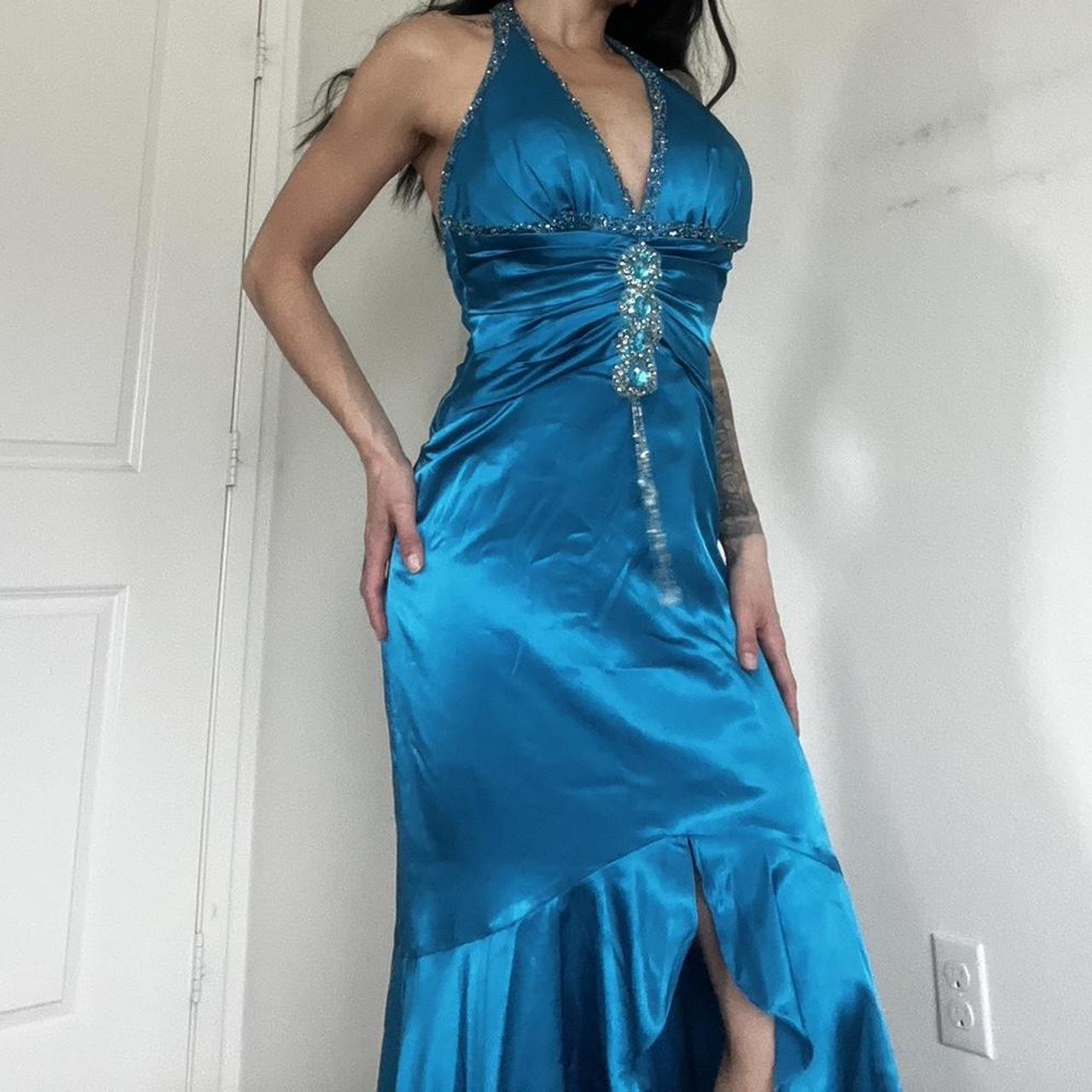 Blaues Vintage Strass Neckholder Langes Satin Ballkleid Abendkleid Partykleid nv4664