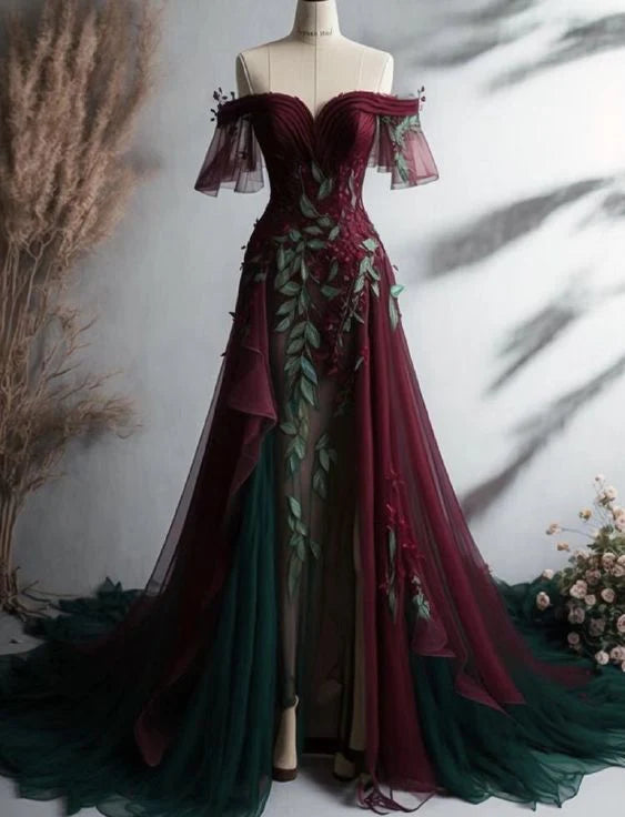 Burgunderrotes Vintage-Abendkleid mit schulterfreiem, langem A-Linien-Tüllballkleid, nv3517