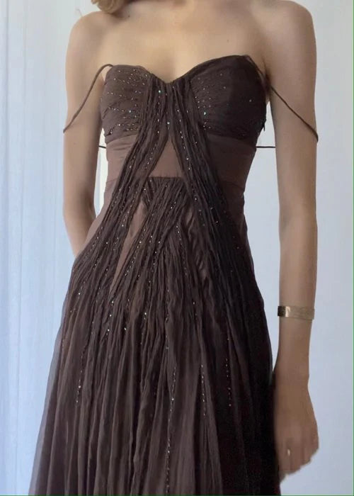 Vintage A-Linie Träger Bodenlanges Braunes Ballkleid nv1696