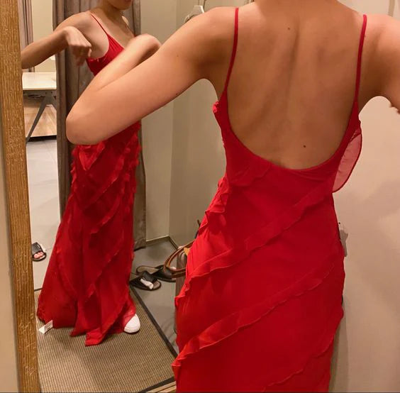 Robe de soirée sexy à volants rouge à manches longues nv1772