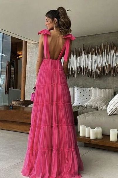 Hot Pink V-Ausschnitt Neckholder Trägerlos Schulter Schleife Langes Ballkleid Abendkleid Abendkleid Partykleid nv2549