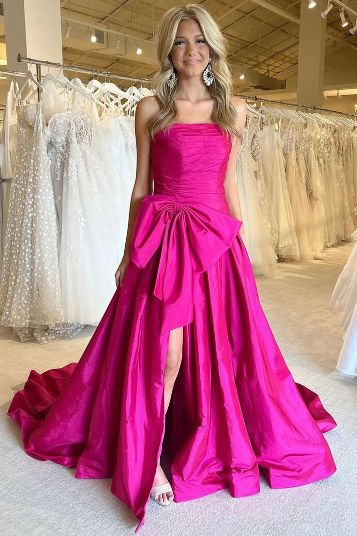 A-Linie, trägerlos, hellblau, langes Satin-Ballkleid mit Schleife, nv1554