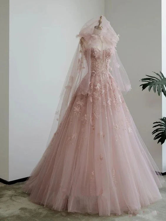 Rosa A-Linie Spaghettiträger Lang Tüll Ballkleid Abendkleid Partykleid Fee Quinceanera Kleid nv3486