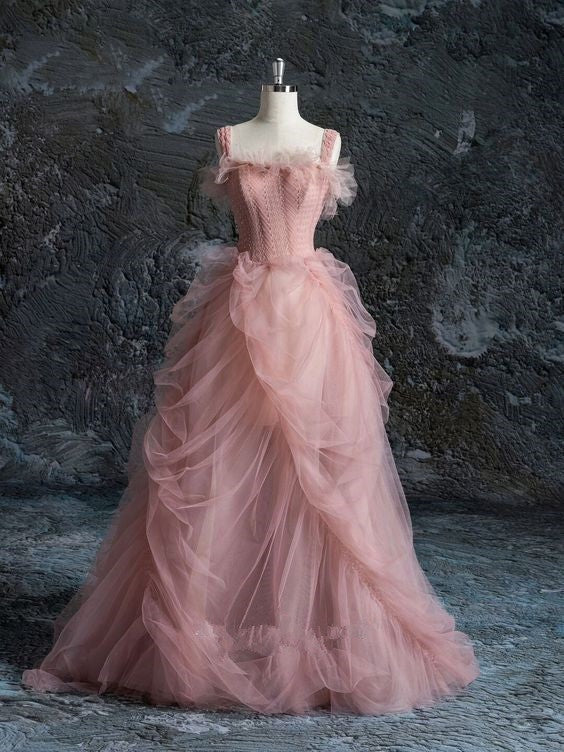 Robe de soirée longue en tulle rose fantaisie avec bretelles et robe de bal de fin d'études nv3451