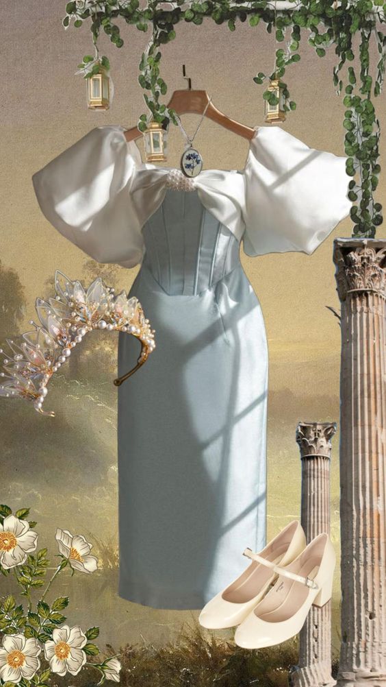 Robe de soirée longue en satin bleu clair à manches bouffantes et élégante nv3029