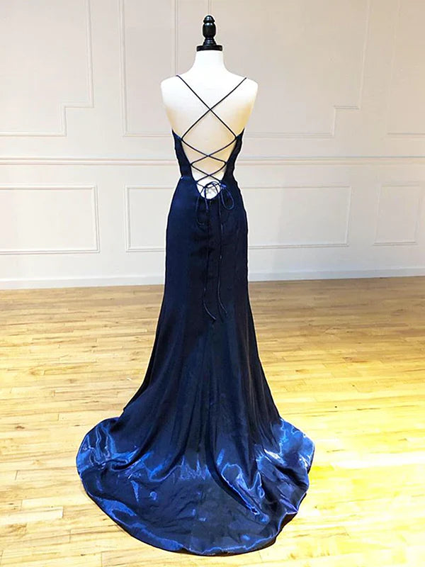 Robe de soirée longue dos nu bleu marine foncé nv1687