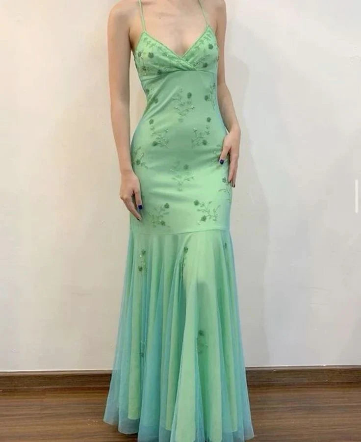 Grüne Mode exquisite Blumen Perlen Spaghetti-Trägern lange elegante Tüll Ballkleid Abendkleid Partykleid Ballkleid NV3752