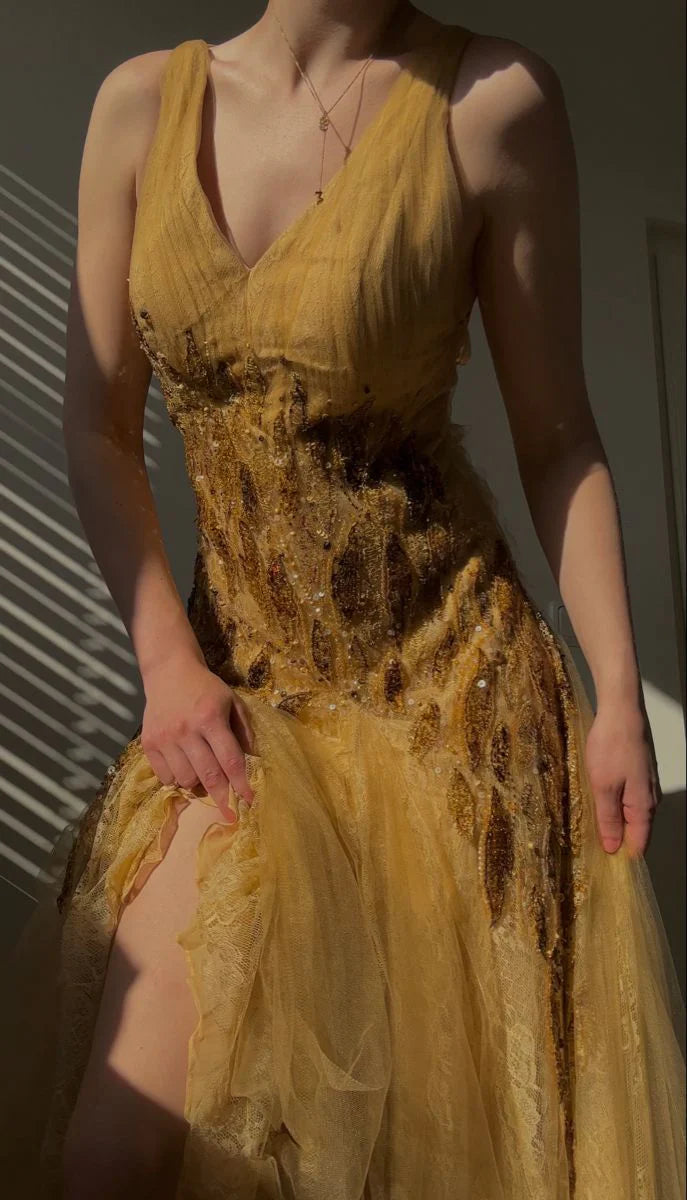 Robe de soirée longue en tulle jaune, élégante et chic, coupe trapèze, décolleté en V, robe de bal, nv5392