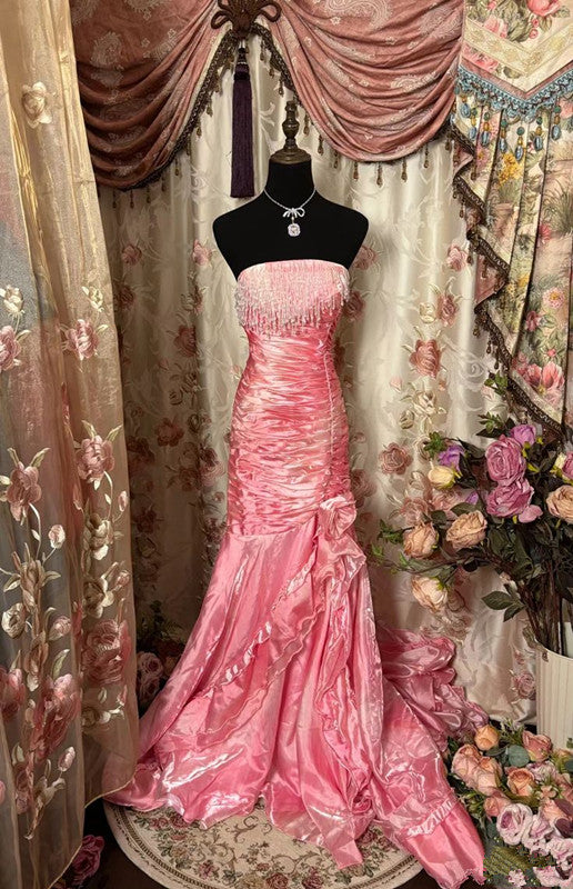 Rosa Sexy Meerjungfrau Schulterfrei Satin Langes Abendkleid Partykleid Ballkleid nv4236