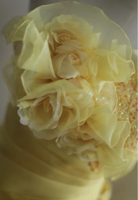 NiceVestidos - Robe longue plissée à plusieurs couches, style rétro floral jaune, faite à la main, robe de mariée, robe de bal, NV5794