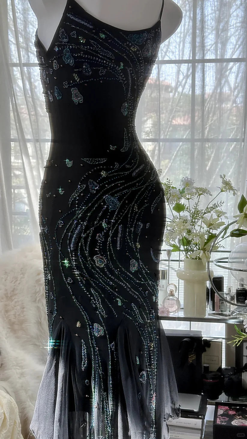 Black gorgeous retro elegant exquisite beaded chiffon spaghetti strap prom dress nv5409