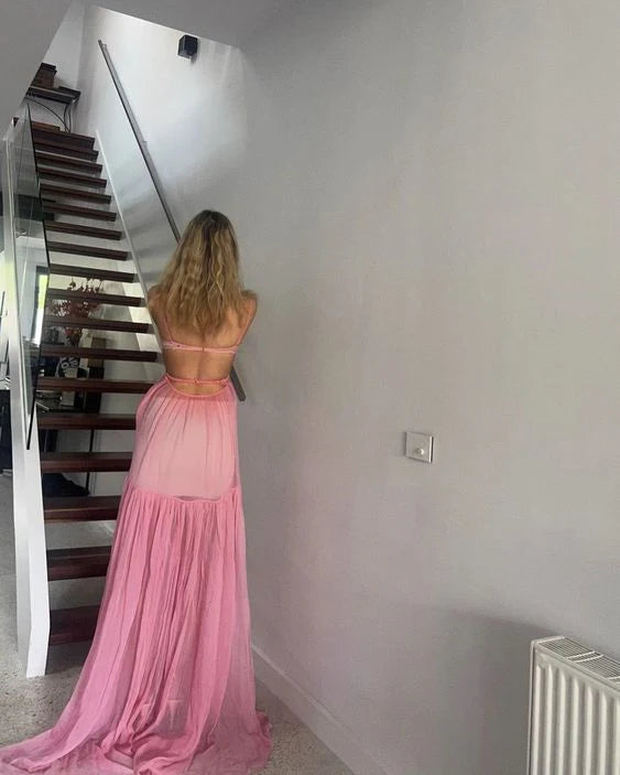 Robe de soirée longue rose à dos nu et coupe trapèze nv2034