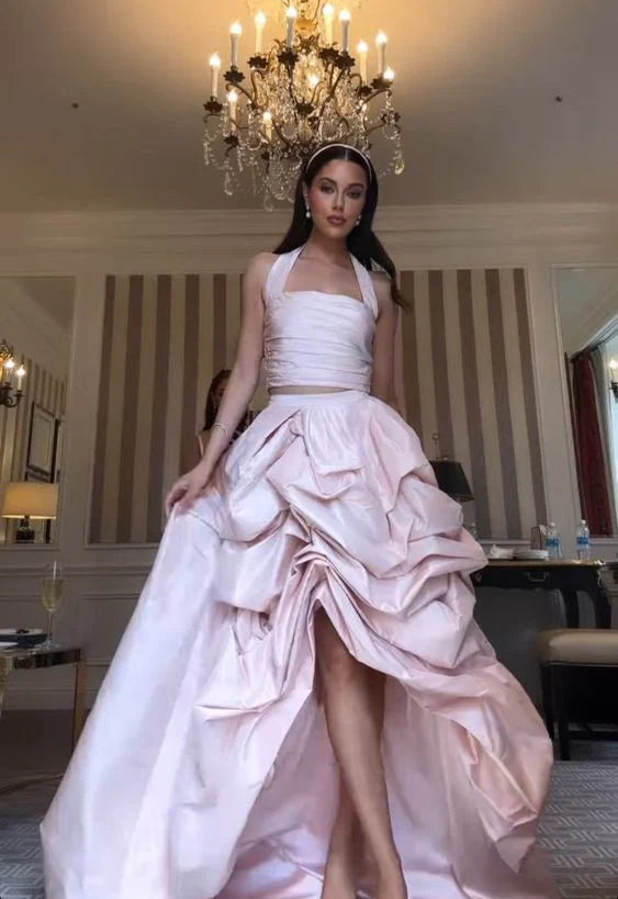 Hellrosa Herzausschnitt Elegantes Süßes Off-the-Shoulder Satin Rüschen Lagen Charmantes Zweiteiliges Langes Ballkleid Abendkleid Partykleid nv2555