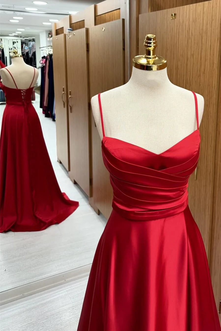 Robe de soirée en satin rouge à bretelles spaghetti et à lacets, coupe trapèze, nv1559