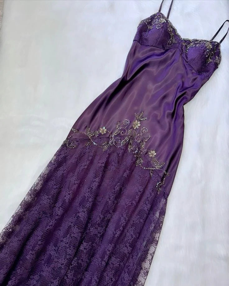 Lila Vintage Spitze Exquisite Perlen Spaghetti-Trägern Lange Elegante Satin Ballkleid Abendkleid Partykleid nv3269
