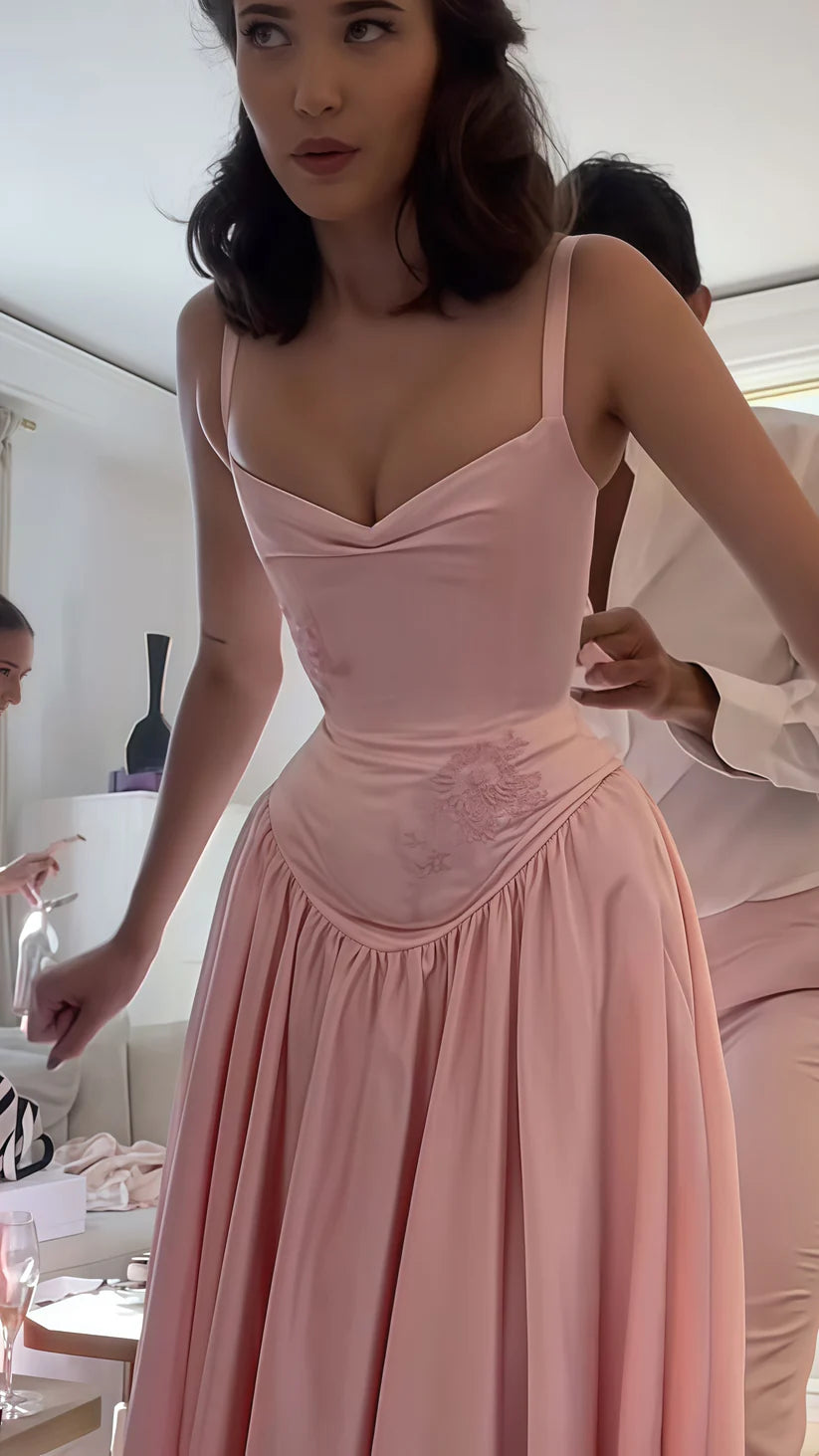 Rosa Elegante Mode Applikation Abendkleid A-Linie Riemen Langes Satin Ballkleid Abendkleid Hochzeitspartykleid Brautjungfernkleid nv3773